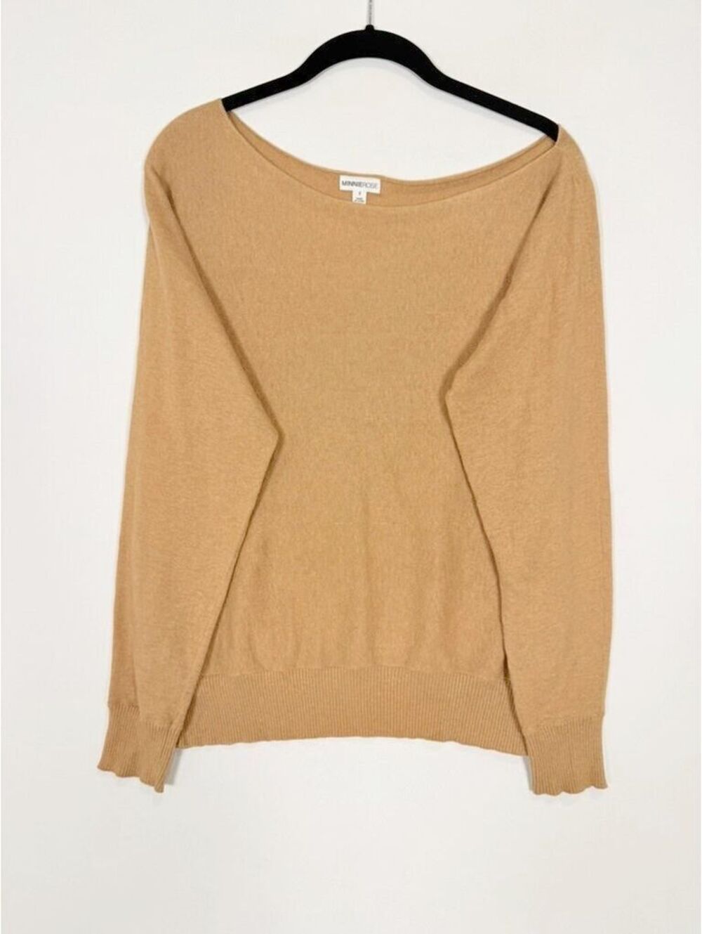 Minnie Rose Camel Cotton Cashmere Off The Shoulder Top Pullover Sweater Small